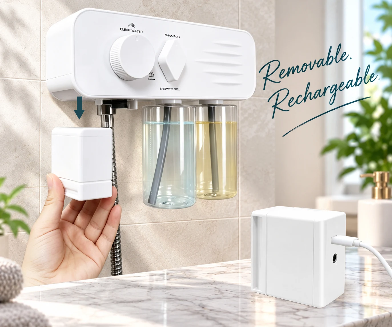 VORIQUA removable rechargeable battery shown charging separately by USB-C.