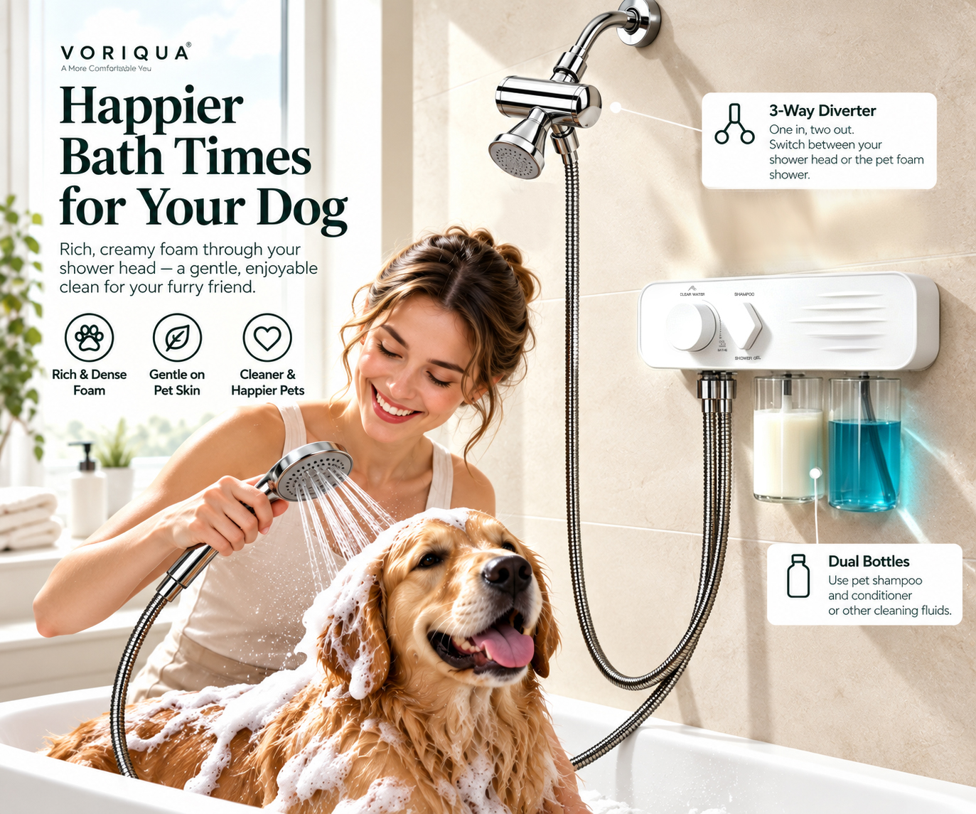 VORIQUA at-home dog bathing scene with a three-way diverter and dual reservoirs.