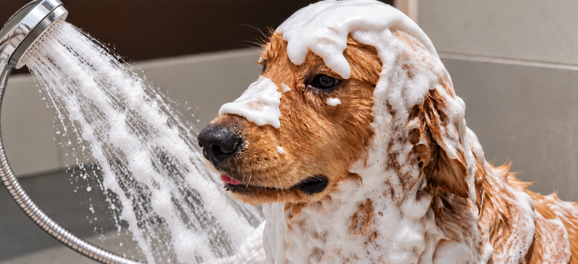 A dog being rinsed with water and rich foam during an at-home bath.