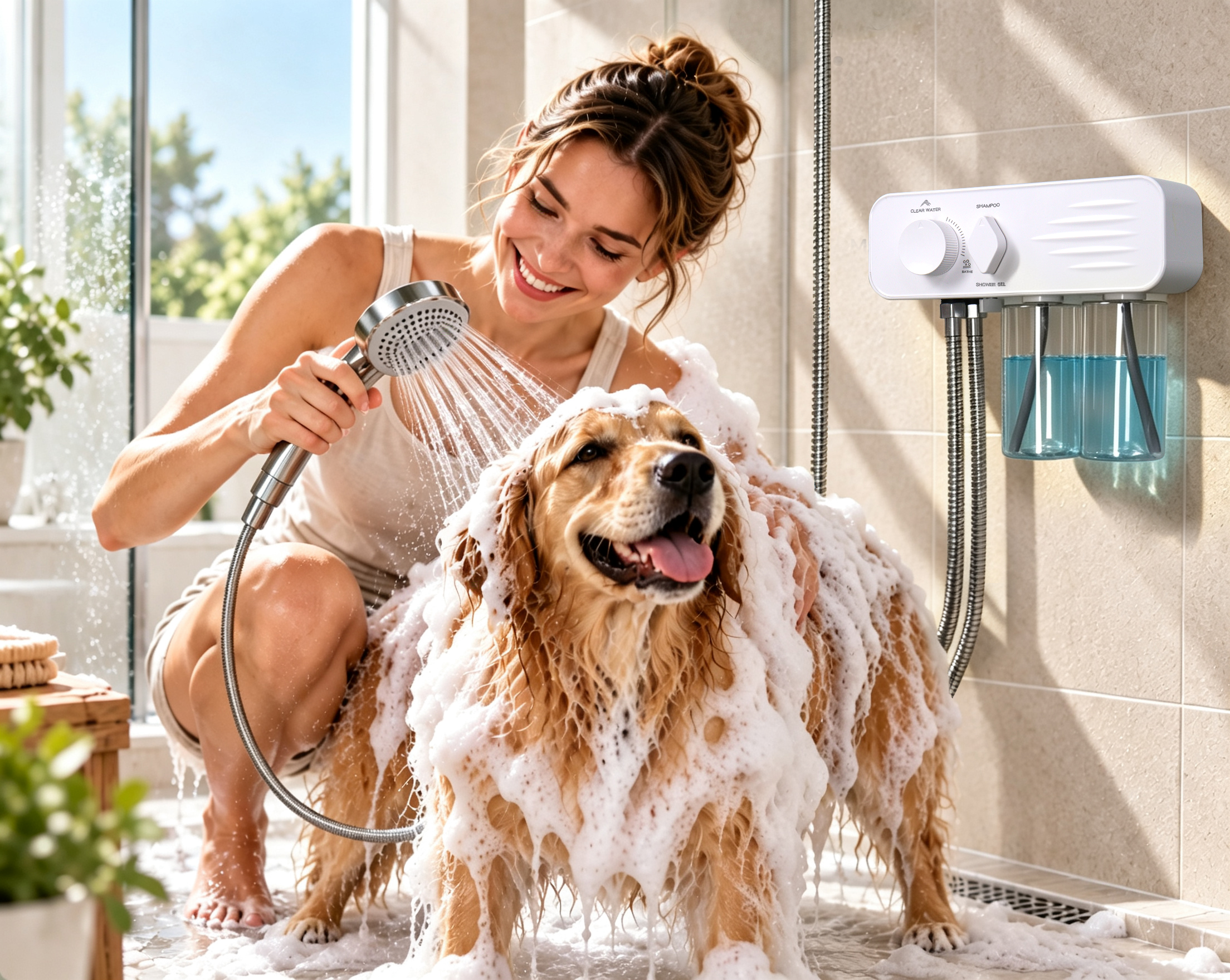 A woman bathing a Golden Retriever with rich foam beside the installed VORIQUA system.