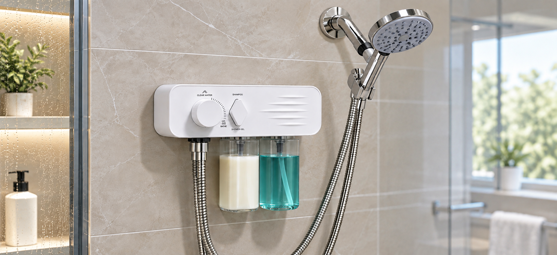 VORIQUA dual-bottle system installed in a home shower.