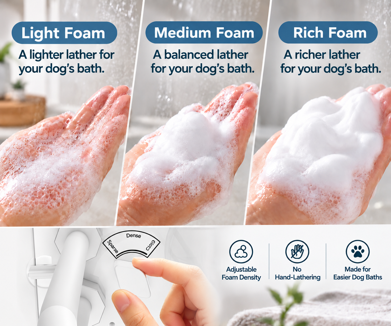 Adjustable foam density shown at light, medium and rich settings for dog baths.