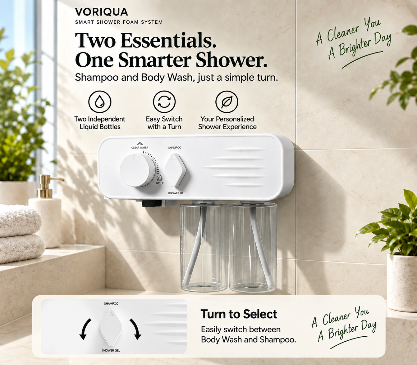 VORIQUA dual-bottle system for switching between Body Wash and Shampoo.