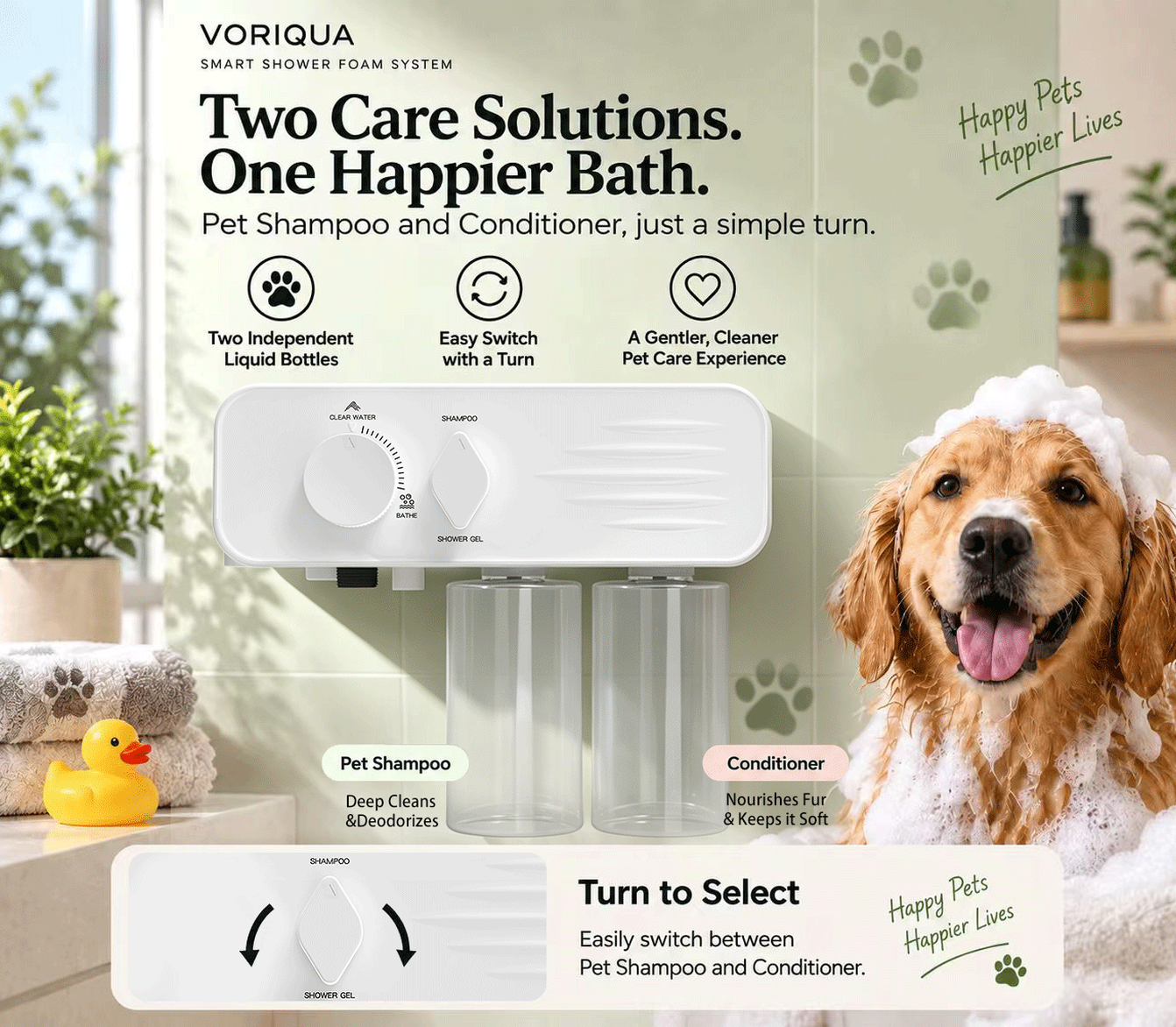 VORIQUA dual-bottle system for switching between Pet Shampoo and Conditioner.