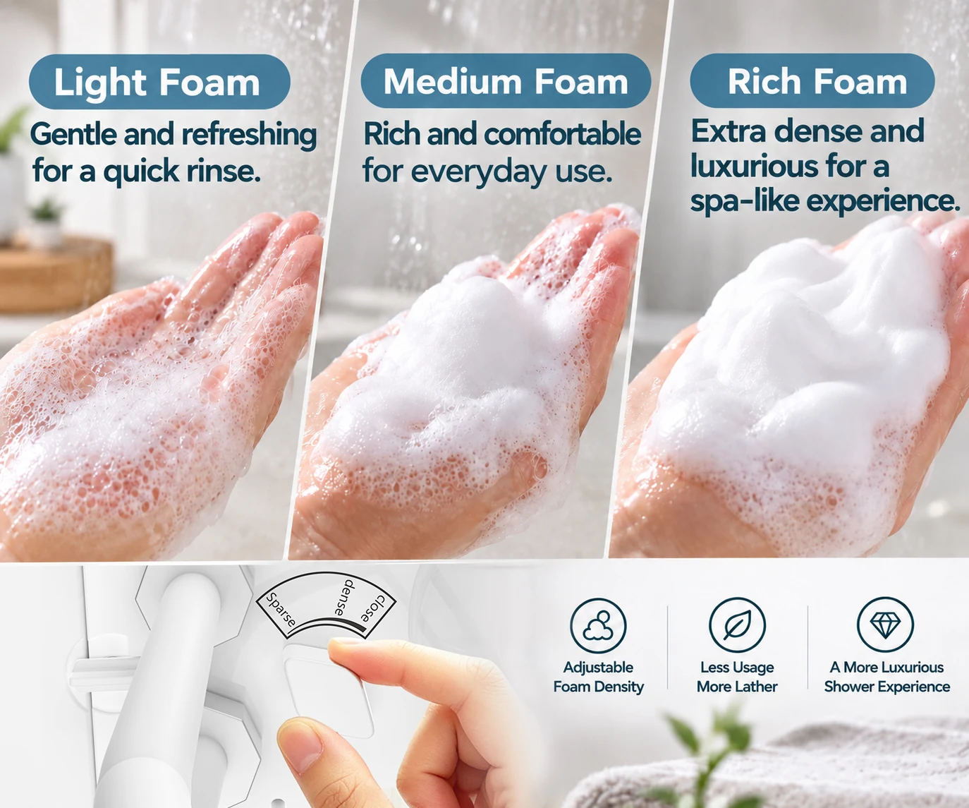Adjustable VORIQUA foam density shown at light, medium and rich settings, with the control dial in use.