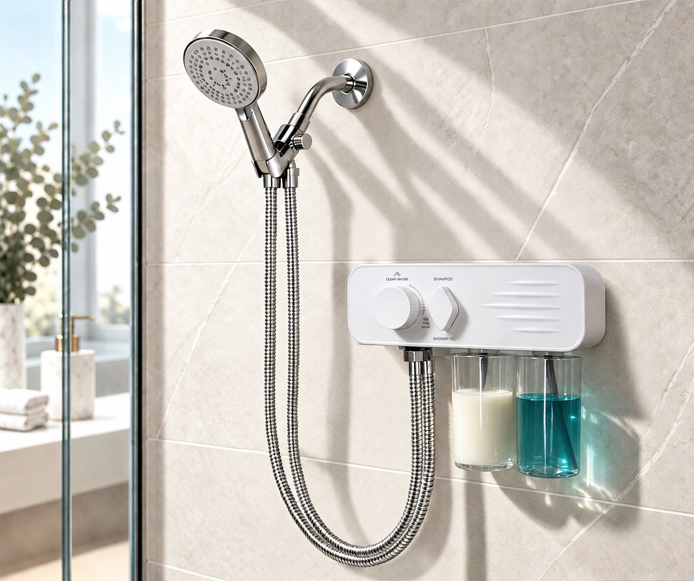 VORIQUA shower foam system installed beside a shower head, with two liquid reservoirs and connected shower hoses.
