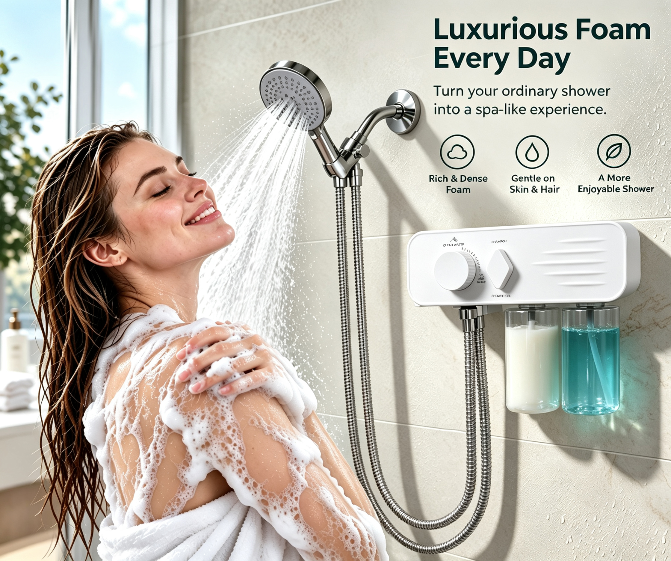 VORIQUA shower foam system installed beside a regular shower, with rich foam in use.