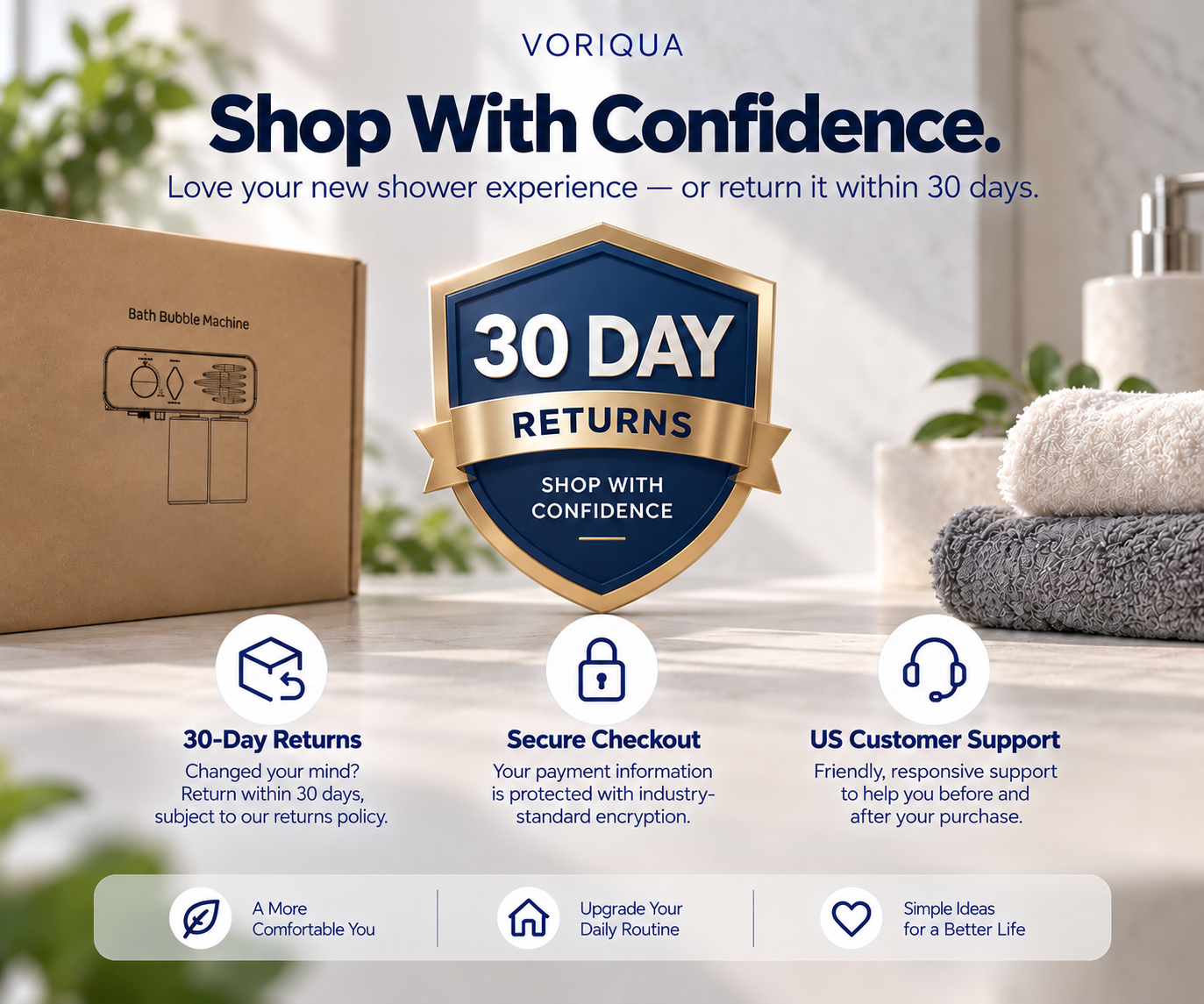 VORIQUA 30-day returns, secure checkout and customer support information.