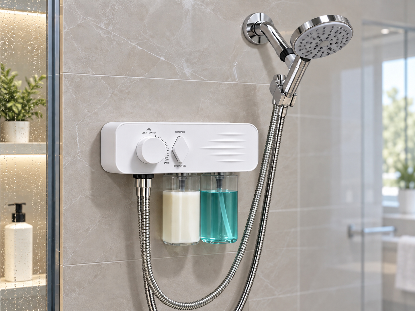 VORIQUA shower foam system installed in a real bathroom with the complete shower head and two liquid reservoirs visible.